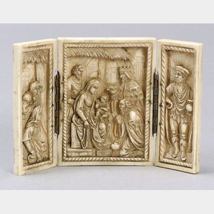Continental Miniature Carved Ivory Triptych of the Nativity