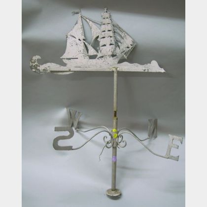 Silver Painted Cut Sheet Iron Sailing Ship Weather Vane with Directionals.