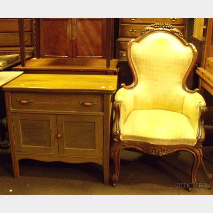 Victorian Upholstered Carved Walnut Parlor Armchair and a Late Victorian Oak Commode. 