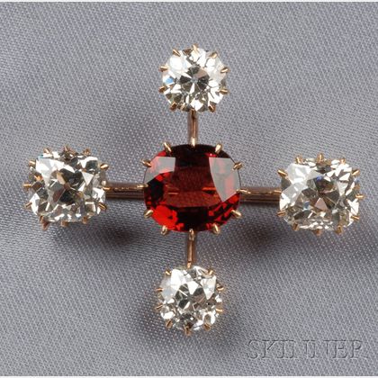 Antique Red Spinel and Diamond Brooch
