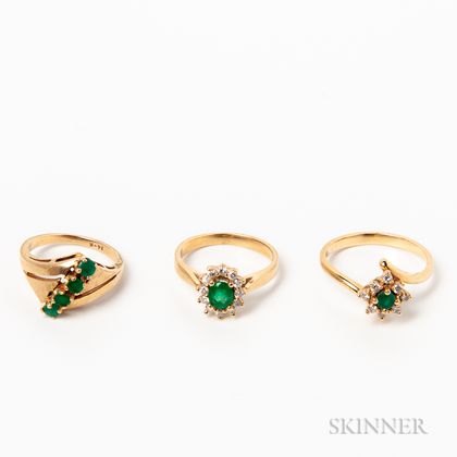 Three 14kt Gold, Emerald, and Diamond Rings