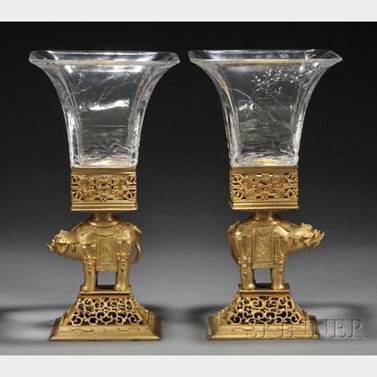 Pair of Escalier de Cristal Gilt-bronze and Cut Glass Vases with Elephants