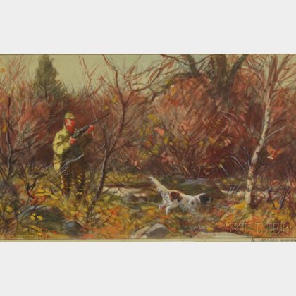 Aiden Lassell Ripley (American, 1896-1969) Hunter and Dog in Autumn Woods.