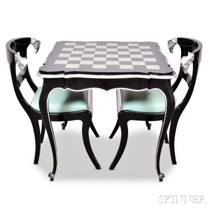 French-style Custom Lacquered Chess Table and Pair of Side Chairs. Estimate $200-300