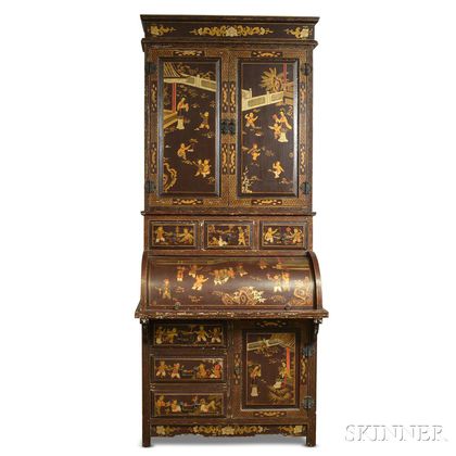 Renaissance Revival Chinoiserie-decorated Roll-top Desk/Bookcase