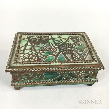 Art Nouveau Tiffany Studios Metal Overlay Green Slag Box