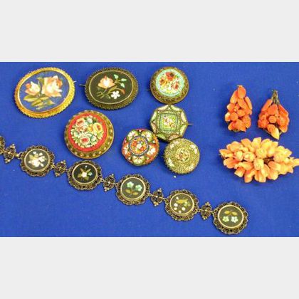 Group of Micromosaic Brooches, Jewelry, and a Three-Piece Coral Suite. 