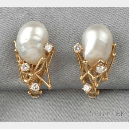 18kt Gold, Freshwater Pearl, and Diamond Earclips