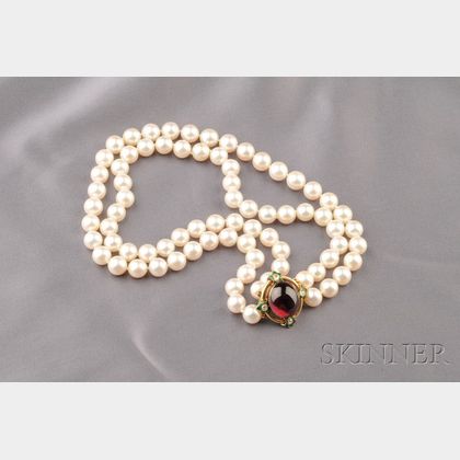 Cultured Pearl, Garnet, Diamond and Enamel Double-Strand Necklace