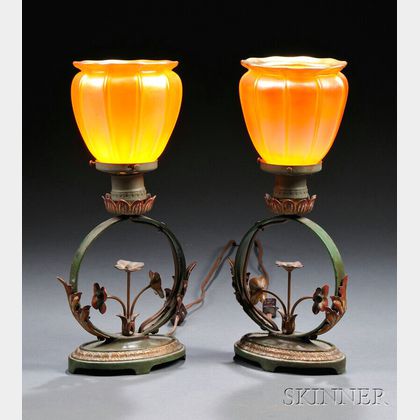 Pair of Floral Boudoir Lamps with Quezal Shades