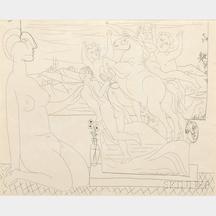Pablo Picasso (Spanish, 1881-1973) Modèle contemplant un groupe sculpté