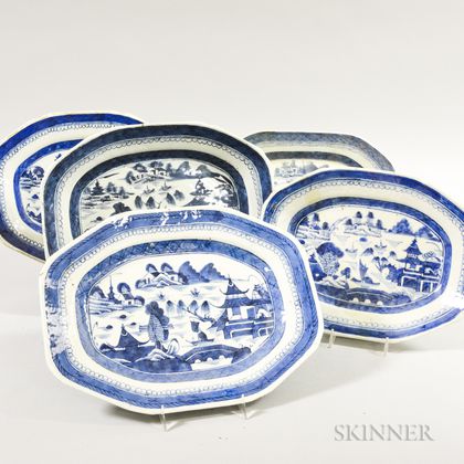 Five Small Canton Porcelain Octagonal Platters