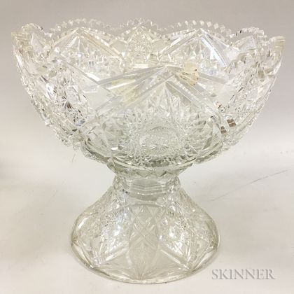 Large Colorless Cut Glass Punch Bowl on Stand