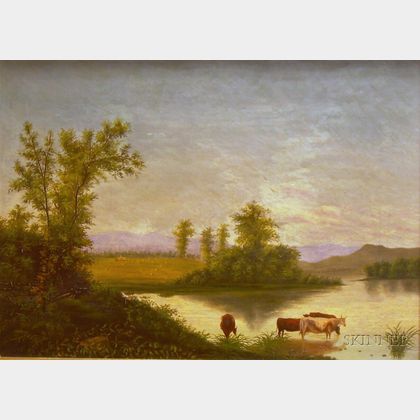 Framed American School Oil on Canvas White Mountain View with Cows