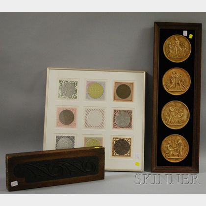 Framed Set of Four Classical Bisque Roundels, a Framed Set of Nine Embossed Printed Covers, and an Architectural Scroll Detail Mold. 