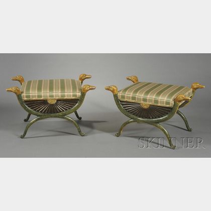 Pair of Russian Neoclassical Painted and Parcel-gilt X-form Stools