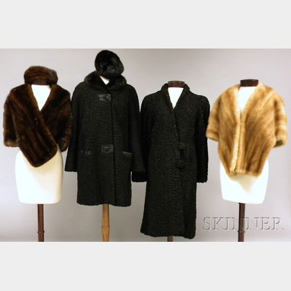 Two Vintage Fur Stoles and Two Lamb's Wool Coats