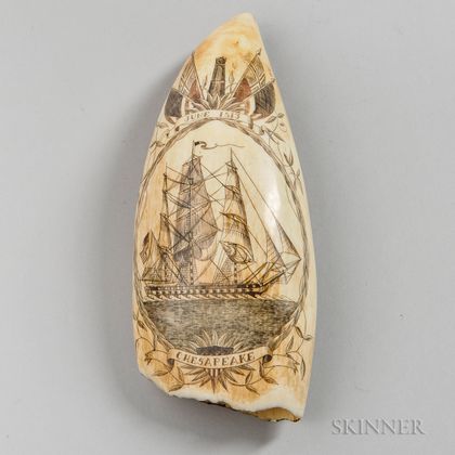 "Don't Give Up the Ship" Polychrome Decorated Scrimshaw Whale's Tooth