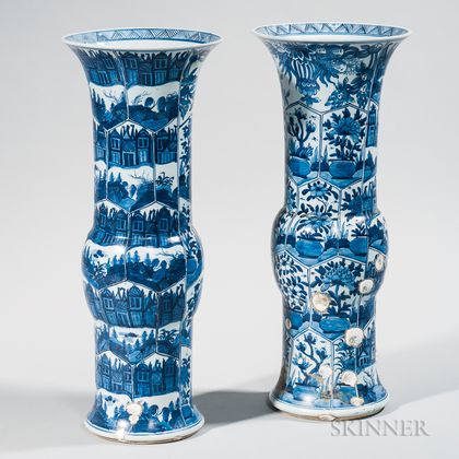 Near Pair of Blue and White Gu -shape Vases