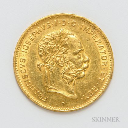 1892 Austrian 4 Florin 10 Francs Gold Coin, KM2260.