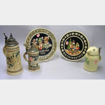 Three German Lidded Stoneware Steins and Stoneware Christmas and Father's Day Plaques