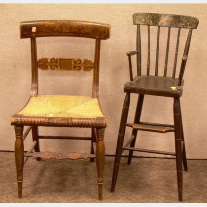 Paint Decorated Child's Windsor High Chair, a Classical Grain-painted and Stenciled Side Chair, and a Painted Arrow-back Side Chair