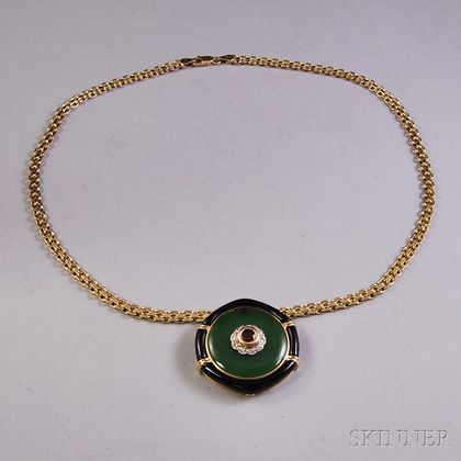 14kt Gold, Nephrite Jade, Onyx, Red Gemstone, and Diamond Pendant Necklace
