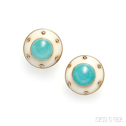 14kt Gold, White Agate, and Turquoise Earclips