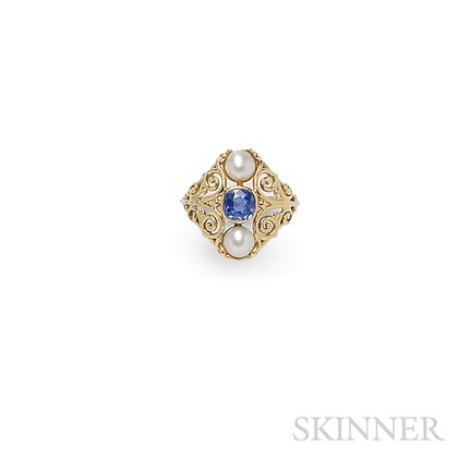Antique 18kt Gold, Sapphire, and Pearl Ring
