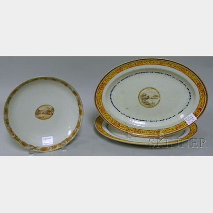 Pair of Chinese Export Oval Enamel-decorated Porcelain Platters and a Deep Dish