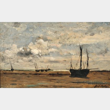 Karl Daubigny (French, 1846-1886) Sailing Vessels Beached at Low Tide