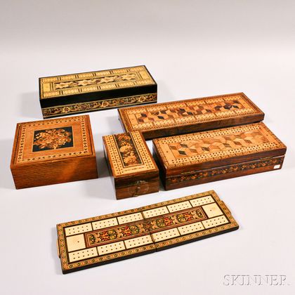Six Tunbridgeware Items Including Five Cribbage Boards or Cribbage Board/Boxes