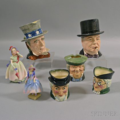 Seven Royal Doulton, Royal Winton, and Marutomoware Figures and Character Mugs. Estimate $50-75