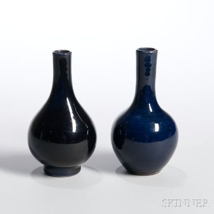 Two Small Monochrome Blue-glazed Bottle Vases