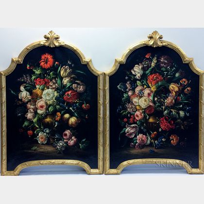 Dutch/Flemish School Style, 20th Century Pair of Floral Still Life Paintings in Arched Decorative Frames