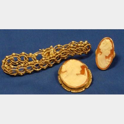 14kt Gold Bracelet, 14kt Gold Mounted Carved Shell Cameo Ring, and Cameo Brooch. 