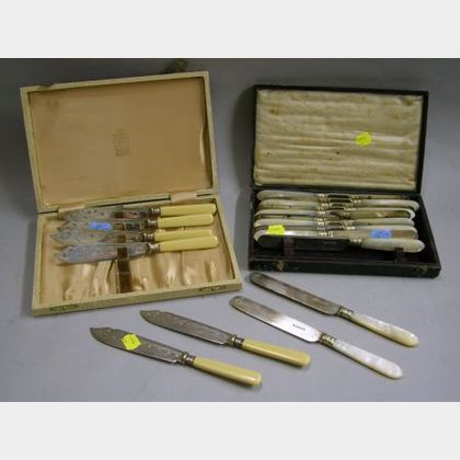 Cased Set of Twelve Mother-of-Pearl Handled Fruit Knives and a Cased Set of Six Victorian Ivorine Handled Fish Knives. 