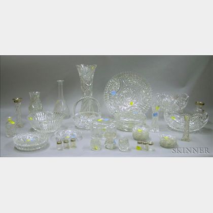 Colorless Cut Glass Vase, Basket, Covered Jar, Bowl, and Decanter