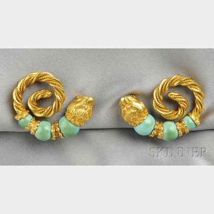 22kt Gold and Turquoise Earclips, Zolotas