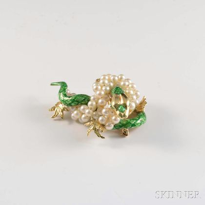 14kt Gold, Enamel, and Pearl Serpent Brooch