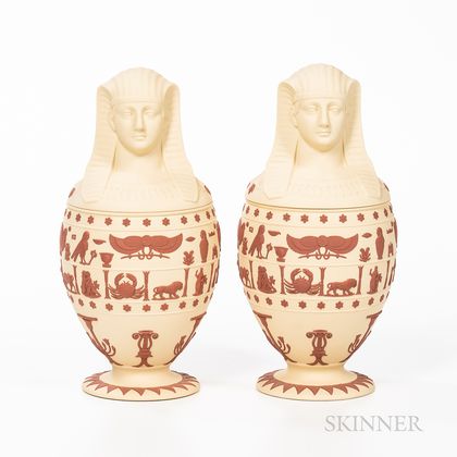 Pair of Wedgwood Solid Primrose Jasper Canopic Jars and Covers