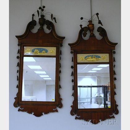 Pair of New York Federal-style Carved Giltwood and Inlaid Mahogany Mirrors with Eglomise Glass Tablets Depicting a Country and a Sailin