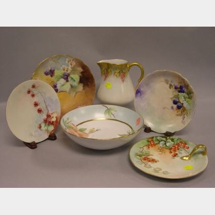 Four Handpainted Berries and Fruit Decorated Porcelain Plates, a Bowl and a Pitcher
