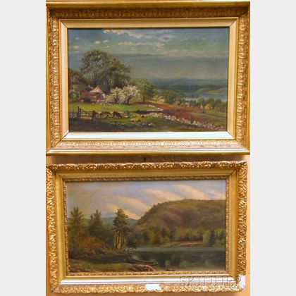 Lot of Two American School 19th-Century Landscapes: Canoe on the Lakeshore