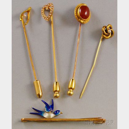 Four Antique 14kt Gold Stickpins and a 14kt Gold and Enamel Bluebird Pin