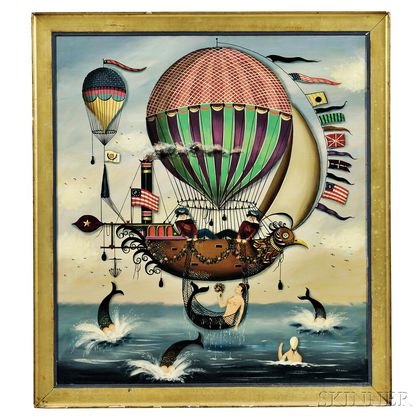 Ralph Cahoon (Massachusetts, 1910-1982) Seascape with Hot-air Balloons, Airship, Sailors, and Mermaids