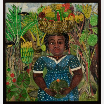 20th Century Caribbean School Oil on Canvas Depicting a Woman with Fruit Basket on Her Head