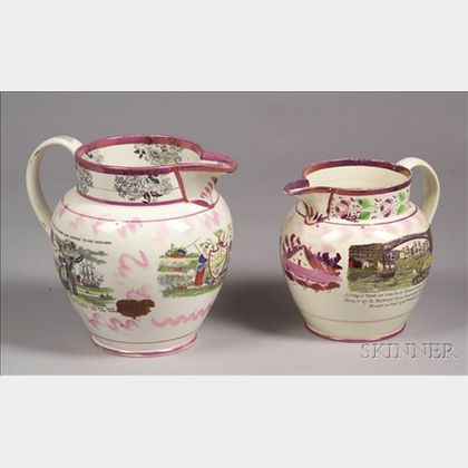 Two Sunderland Pink Lustre Transfer Decorated Pottery Jugs