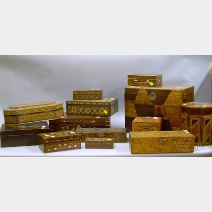 Approximately Thirteen Assorted Inlaid and Pyrography Decorated Boxes. 