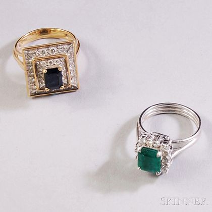 Two 14kt Gold, Gemstone, and Diamond Rings